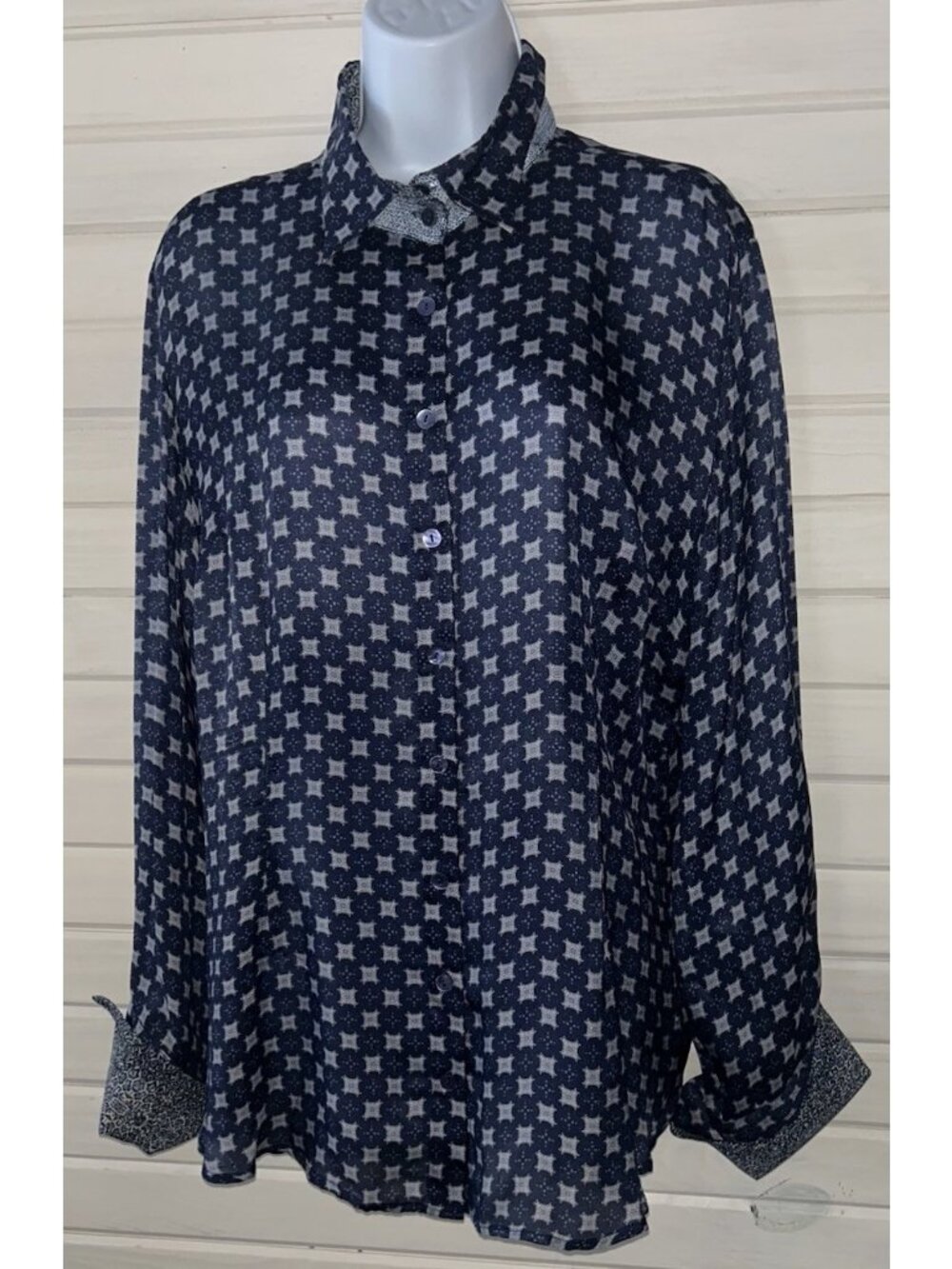 Georg Roth Los Angeles Sz XL Blue 100% Silk Blouse Sequin Collar Button EUC